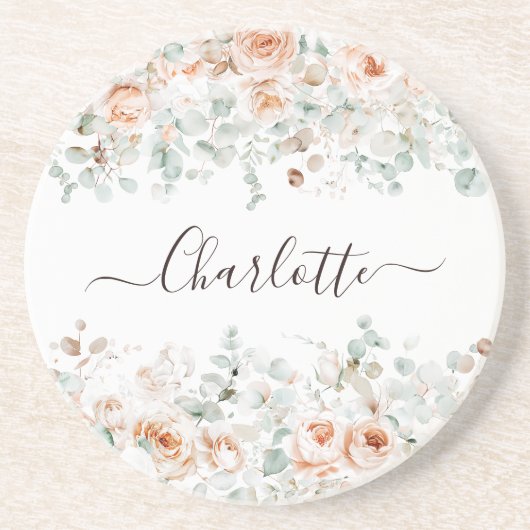 Elegant Monogram Rustiek Roos Bloemengroen Zandsteen Onderzetter (Voorkant)