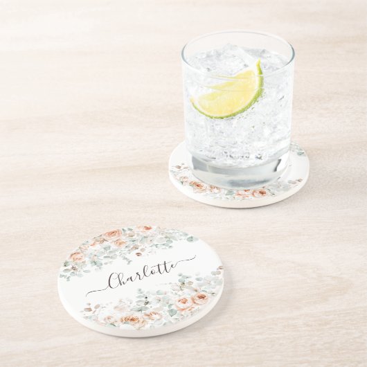 Elegant Monogram Rustiek Roos Bloemengroen Zandsteen Onderzetter (Zijkant)