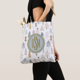 Elegant monogram, rustieke winterbomen schouder tote bag