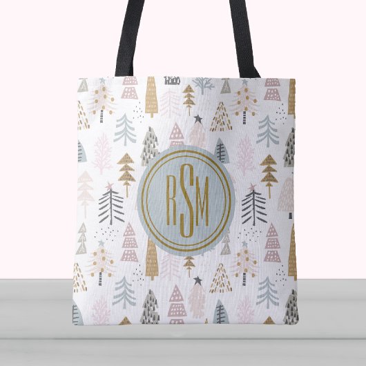 Elegant monogram, rustieke winterbomen schouder tote bag
