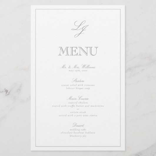 Elegant Monogram Sage Green Script Wedding Menu (Voorkant)
