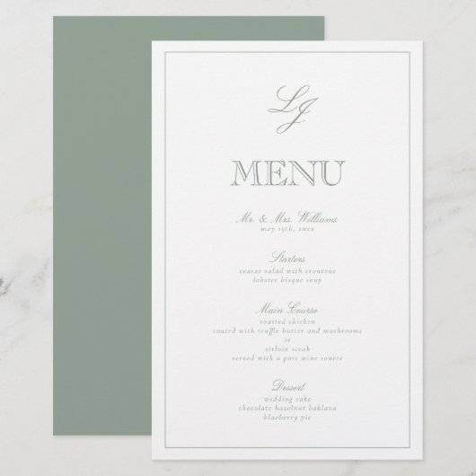 Elegant Monogram Sage Green Script Wedding Menu (Voorkant / Achterkant)