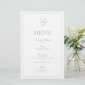 Elegant Monogram Sage Green Script Wedding Menu (Staand voorkant)