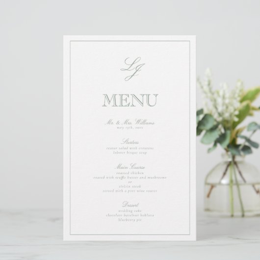 Elegant Monogram Sage Green Script Wedding Menu (Staand voorkant)