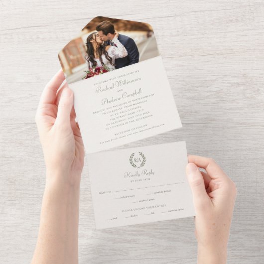 Elegant Monogram Sage Green Wedding All In One Uitnodiging (Afscheurbaar)