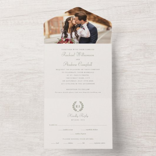 Elegant Monogram Sage Green Wedding All In One Uitnodiging (Binnen)