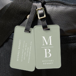 Elegant Monogram Sage Groen Bagagelabel
