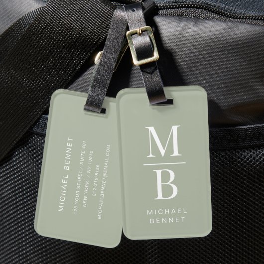 Elegant Monogram Sage Groen Bagagelabel