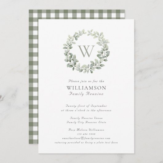 Elegant monogram Sage Plaid Family Reunion Kaart (Voorkant / Achterkant)