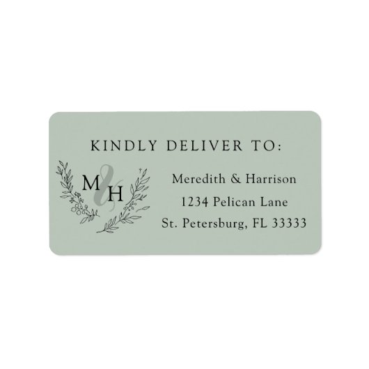 Elegant Monogram Sage Wedding RSVP-adres Etiket (Voorkant)