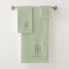 Elegant monogram salie groen bad handdoek