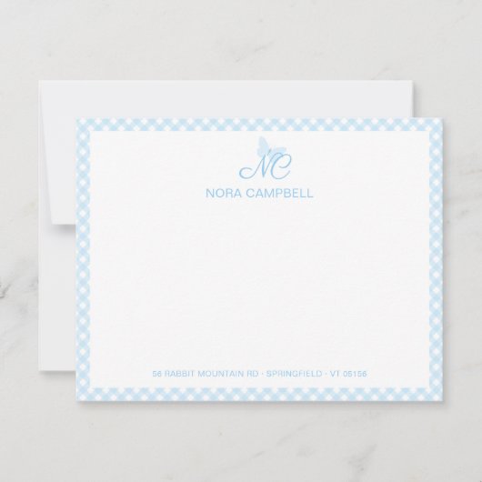 Elegant Monogram Schattige Baby Blauw Gingham Cheq Notitiekaartje (Voorkant)
