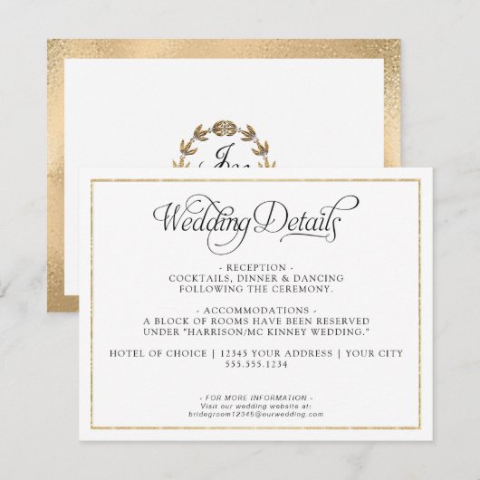 Elegant Monogram Schrift Gouden Trouwdetails Informatiekaartje (Voorkant / Achterkant)