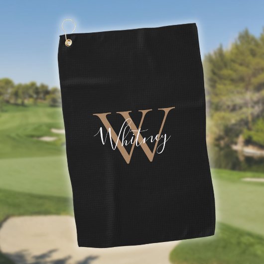 Elegant Monogram Script Black Gold White Golfhanddoek