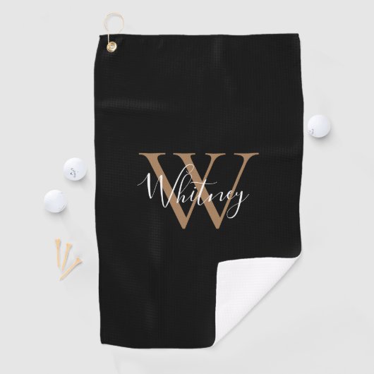 Elegant Monogram Script Black Gold White Golfhanddoek (Insitu)