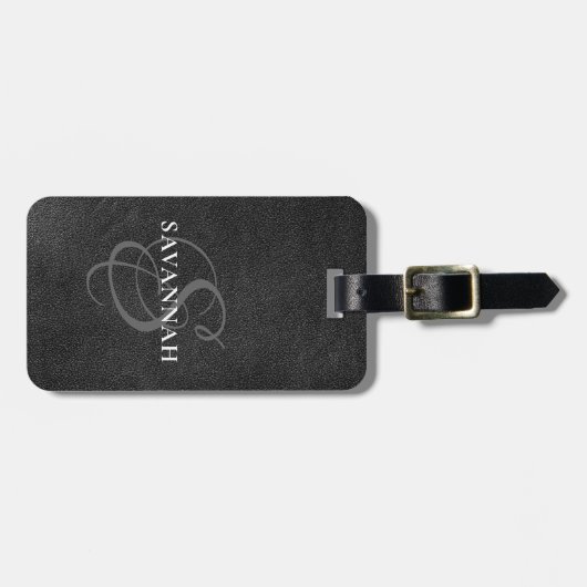 Elegant Monogram Script Blush Roze Schattige Leer Bagagelabel (Voorkant horizontaal)