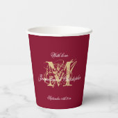 Elegant Monogram Script Bourgogne Gold Wedding Papieren Bekers (Achterkant)