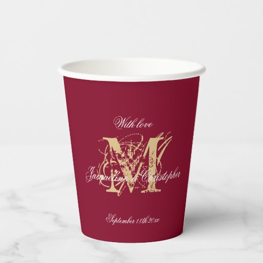 Elegant Monogram Script Bourgogne Gold Wedding Papieren Bekers (Achterkant)