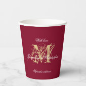Elegant Monogram Script Bourgogne Gold Wedding Papieren Bekers (Voorkant)