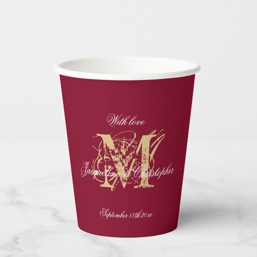 Elegant Monogram Script Bourgogne Gold Wedding Papieren Bekers (Voorkant)