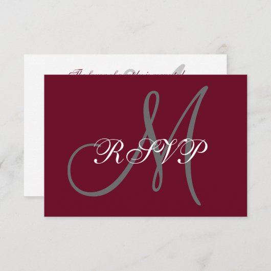 Elegant Monogram Script Bourgondië Grijs Bruiloft  RSVP Kaartje (Voorkant / Achterkant)