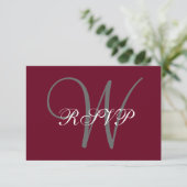 Elegant Monogram Script Bourgondië Grijs Bruiloft  RSVP Kaartje (Staand voorkant)