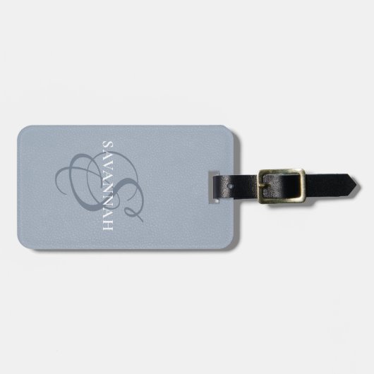Elegant Monogram Script Dusty Blue Cute Leather Bagagelabel (Voorkant horizontaal)