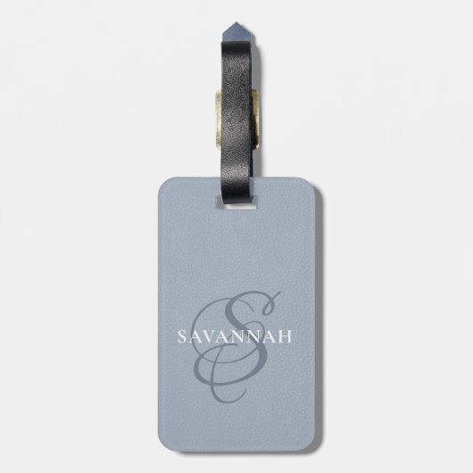 Elegant Monogram Script Dusty Blue Cute Leather Bagagelabel (Achterkant verticaal)