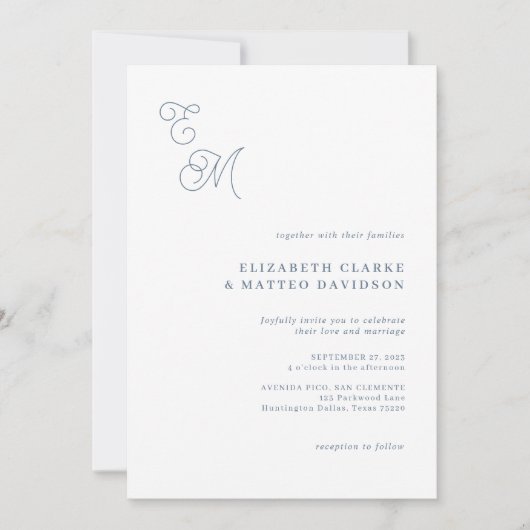 Elegant Monogram Script Dusty Blue Wedding Kaart (Voorkant)