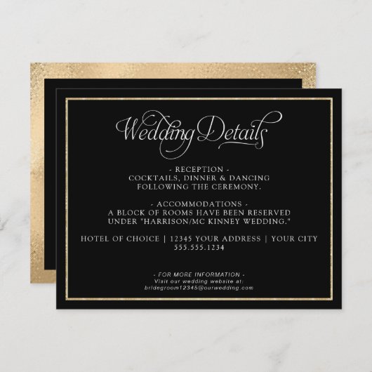 Elegant Monogram Script Gold Black Weddenschap Det Informatiekaartje (Voorkant / Achterkant)