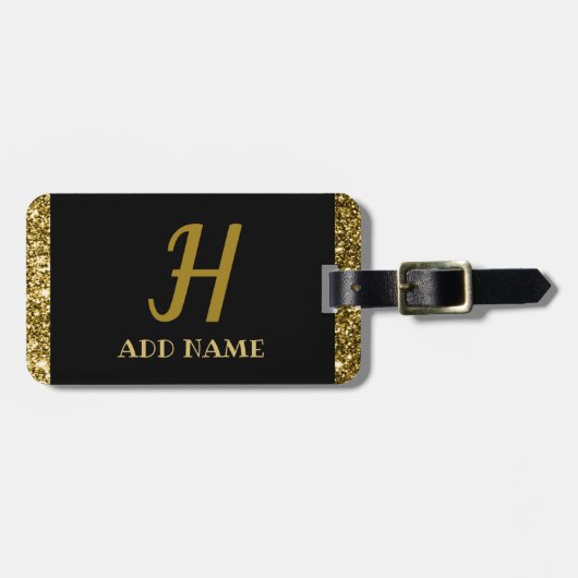 Elegant Monogram Script Modern Black Gold Voeg naa Bagagelabel (Voorkant horizontaal)