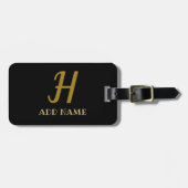 Elegant Monogram Script Modern Black Gold Voeg naa Bagagelabel (Voorkant horizontaal)