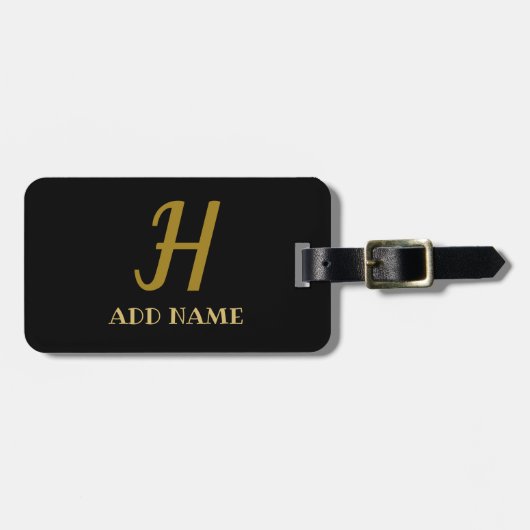 Elegant Monogram Script Modern Black Gold Voeg naa Bagagelabel (Voorkant horizontaal)