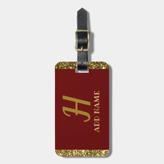 Elegant Monogram Script Modern Burgundy Red Gold Bagagelabel (Voorkant verticaal)