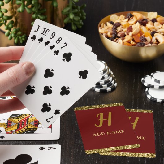 Elegant Monogram Script Modern Burgundy Red Gold Pokerkaarten (Insitu)