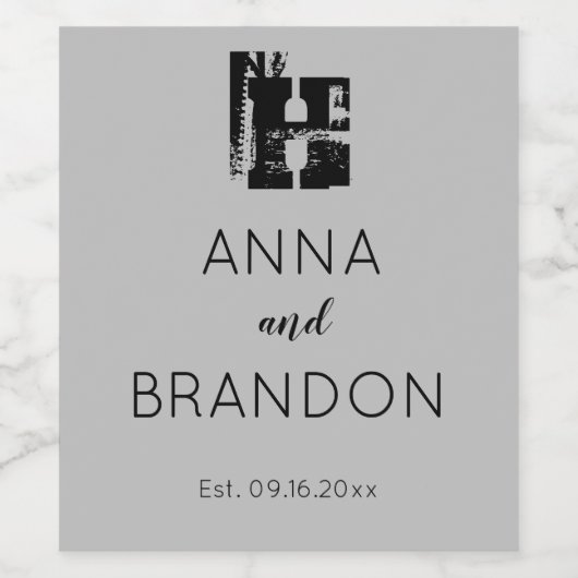 Elegant Monogram script Modern Wedding Black Grey Wijn Etiket (Enkel label)
