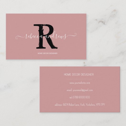 Elegant Monogram Script Naam Initiaal Dusty Pink Visitekaartje (Voorkant / Achterkant)