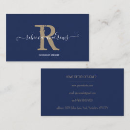 Elegant Monogram Script Naam Initiaal Navy Gold Visitekaartje