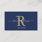 Elegant Monogram Script Naam Initiaal Navy Gold Visitekaartje (Voorkant)