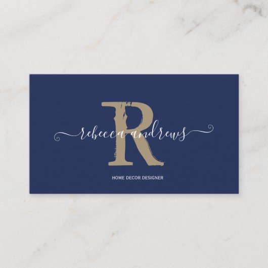 Elegant Monogram Script Naam Initiaal Navy Gold Visitekaartje (Voorkant)