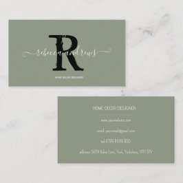 Elegant Monogram Script Naam Initiaal Sage Green Visitekaartje
