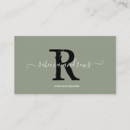 Elegant Monogram Script Naam Initiaal Sage Green Visitekaartje