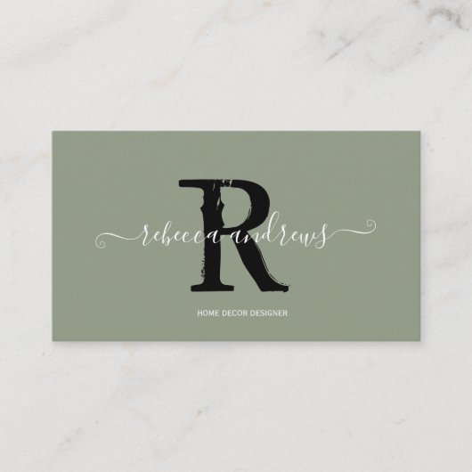 Elegant Monogram Script Naam Initiaal Sage Green Visitekaartje (Voorkant)