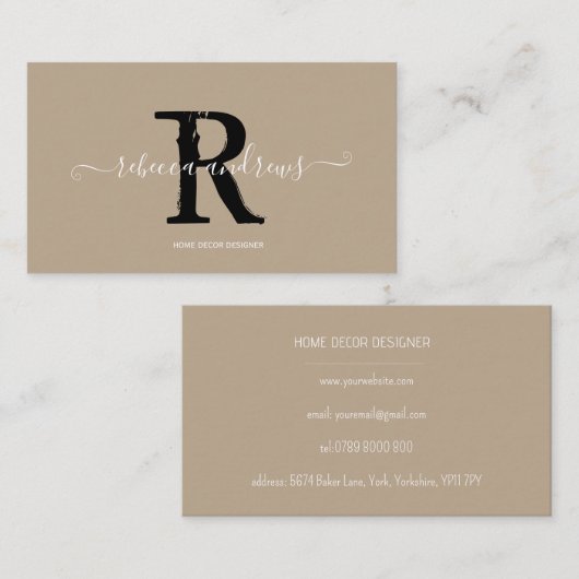 Elegant Monogram Script Naam Initiaal Taupe Visitekaartje (Voorkant / Achterkant)