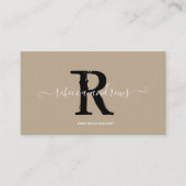 Elegant Monogram Script Naam Initiaal Taupe Visitekaartje (Voorkant)