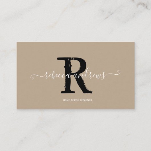 Elegant Monogram Script Naam Initiaal Taupe Visitekaartje (Voorkant)