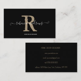 Elegant Monogram Script Naam Initiaal Zwart Visitekaartje