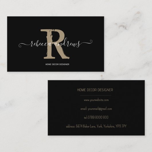 Elegant Monogram Script Naam Initiaal Zwart Visitekaartje (Voorkant / Achterkant)