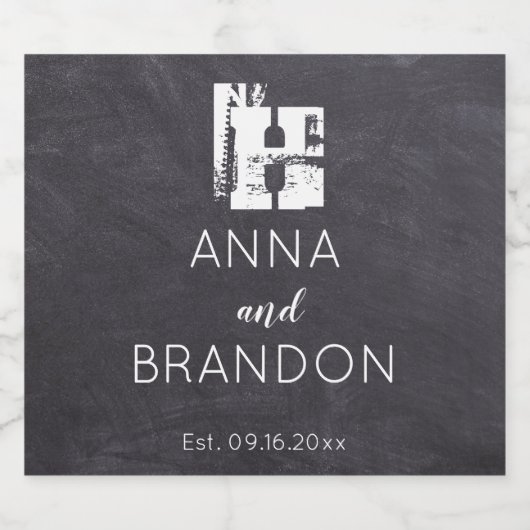 Elegant Monogram Script Name Modern Wedding Black Sparkling Wijnetiket (Enkel label)