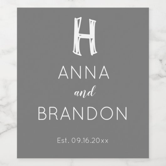 Elegant Monogram Script Name Modern Wedding Grey Wijn Etiket (Enkel label)